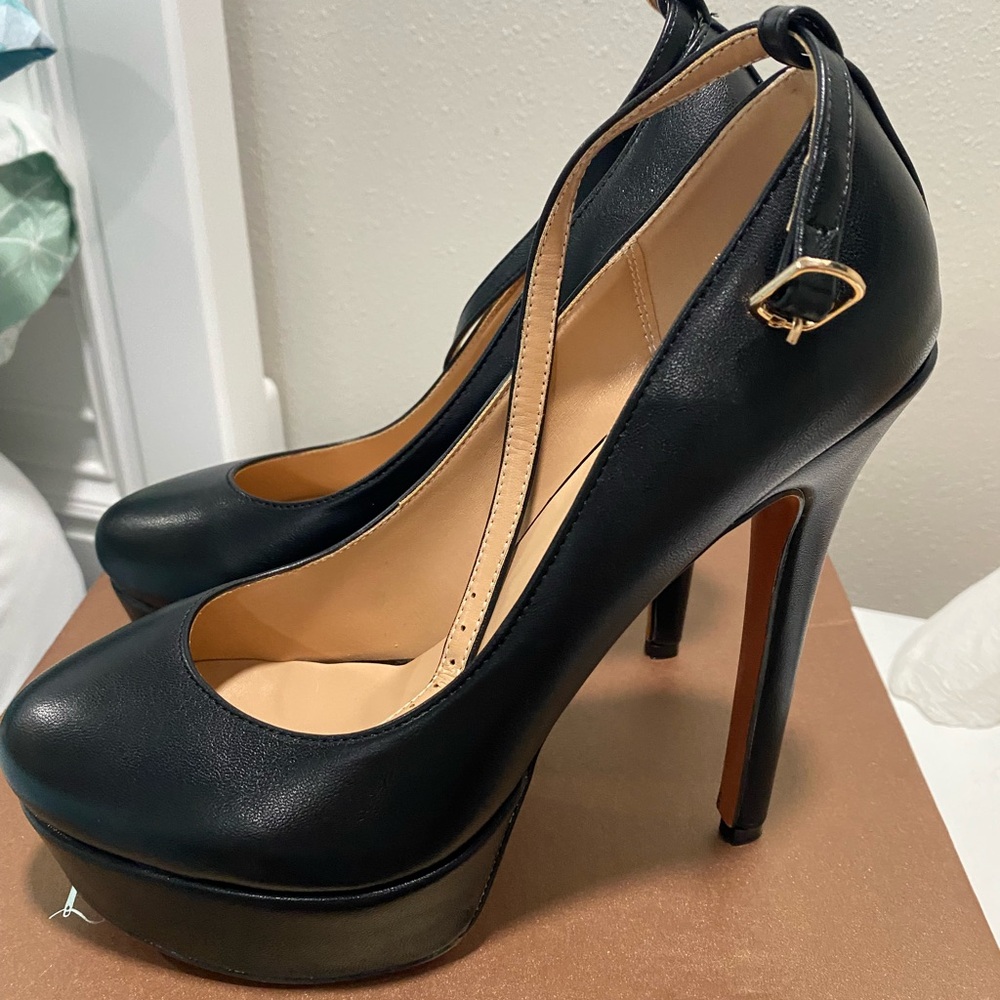 Black Platform Stiletto Heels with Ankle Strap - Picture 3 of 7